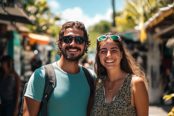 Couple d'expatriés souriant dans une rue commerçante ensoleillée de l'île Maurice