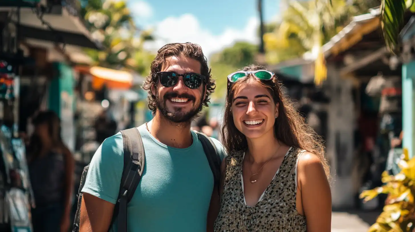Couple d'expatriés souriant dans une rue commerçante ensoleillée de l'île Maurice