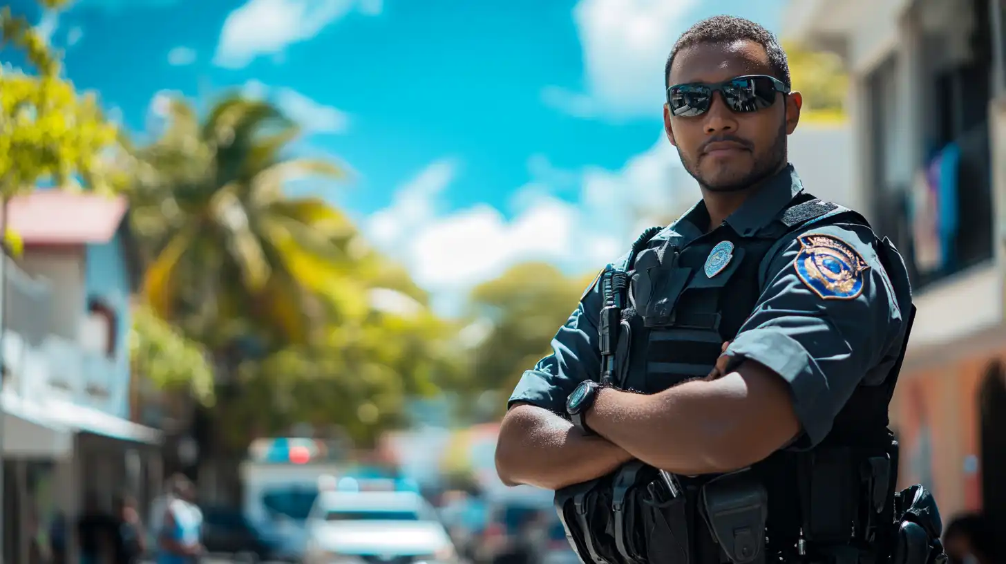 Policier mauricien en tenue, bras croisés, dans une rue de l'île Maurice