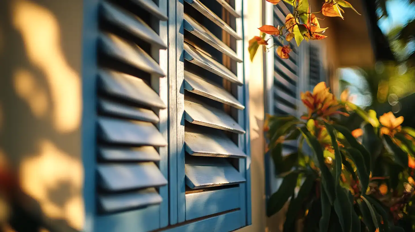 Persiennes bleues d'une maison mauricienne, bougainvilliers en fleurs dans la lumière de fin de journée