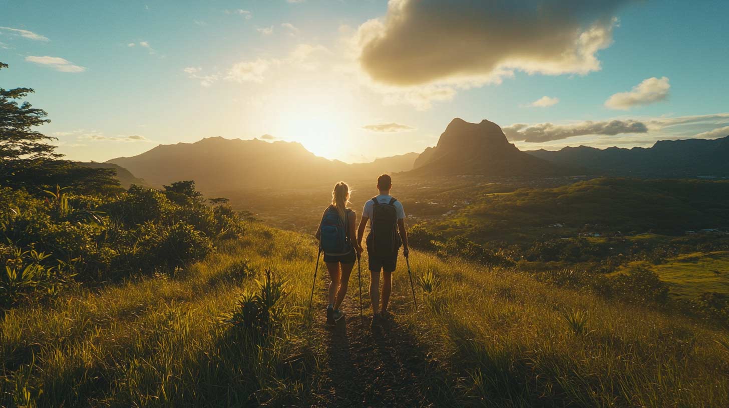 Randonneurs sur un sentier de crête à l'île Maurice face au soleil rasant