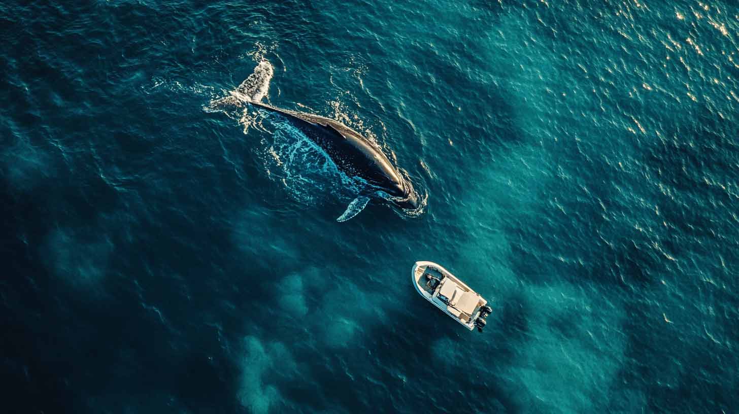 Vue aérienne d'une baleine à bosse nageant en surface près d'un petit bateau d'observation, au large de l'île Maurice