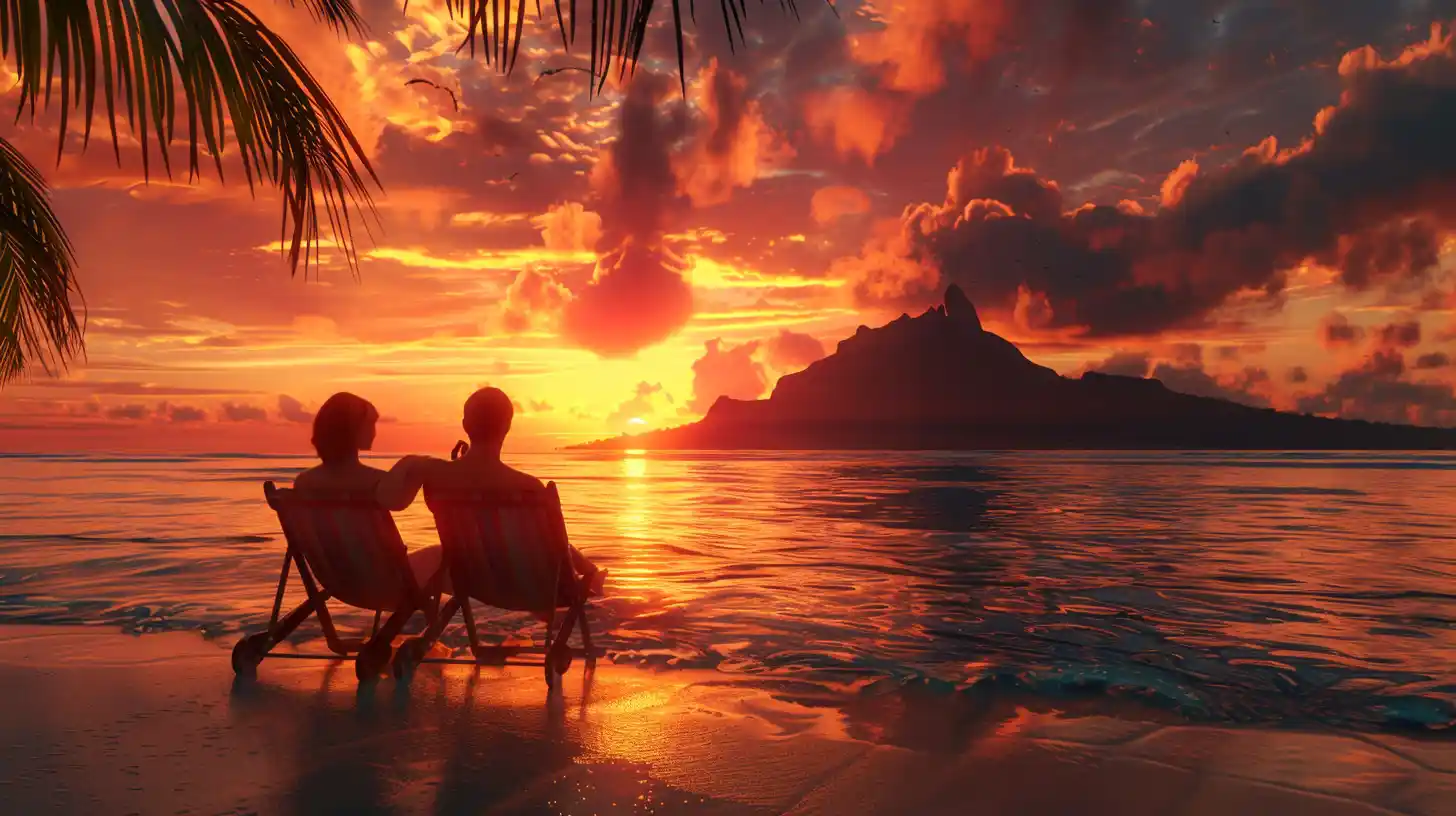 Deux randonneurs de dos devant les pitons volcaniques de l'intérieur de l'île Maurice à la lumière du soir