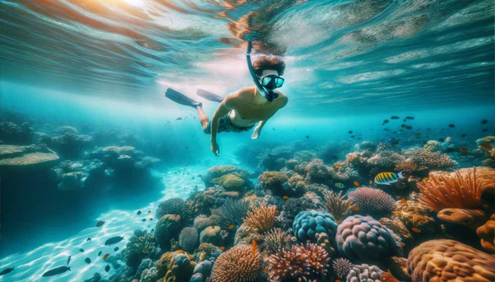 Nageur en palmes, masque et tuba au-dessus d'un récif corallien dans le lagon mauricien