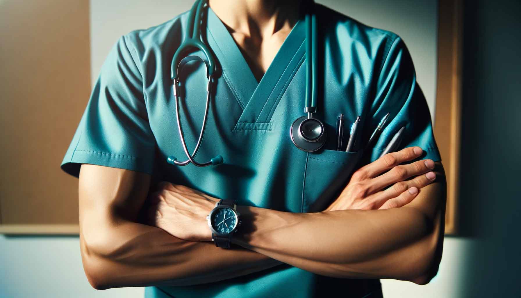 Soignant en blouse turquoise, bras croisés, stéthoscope autour du cou