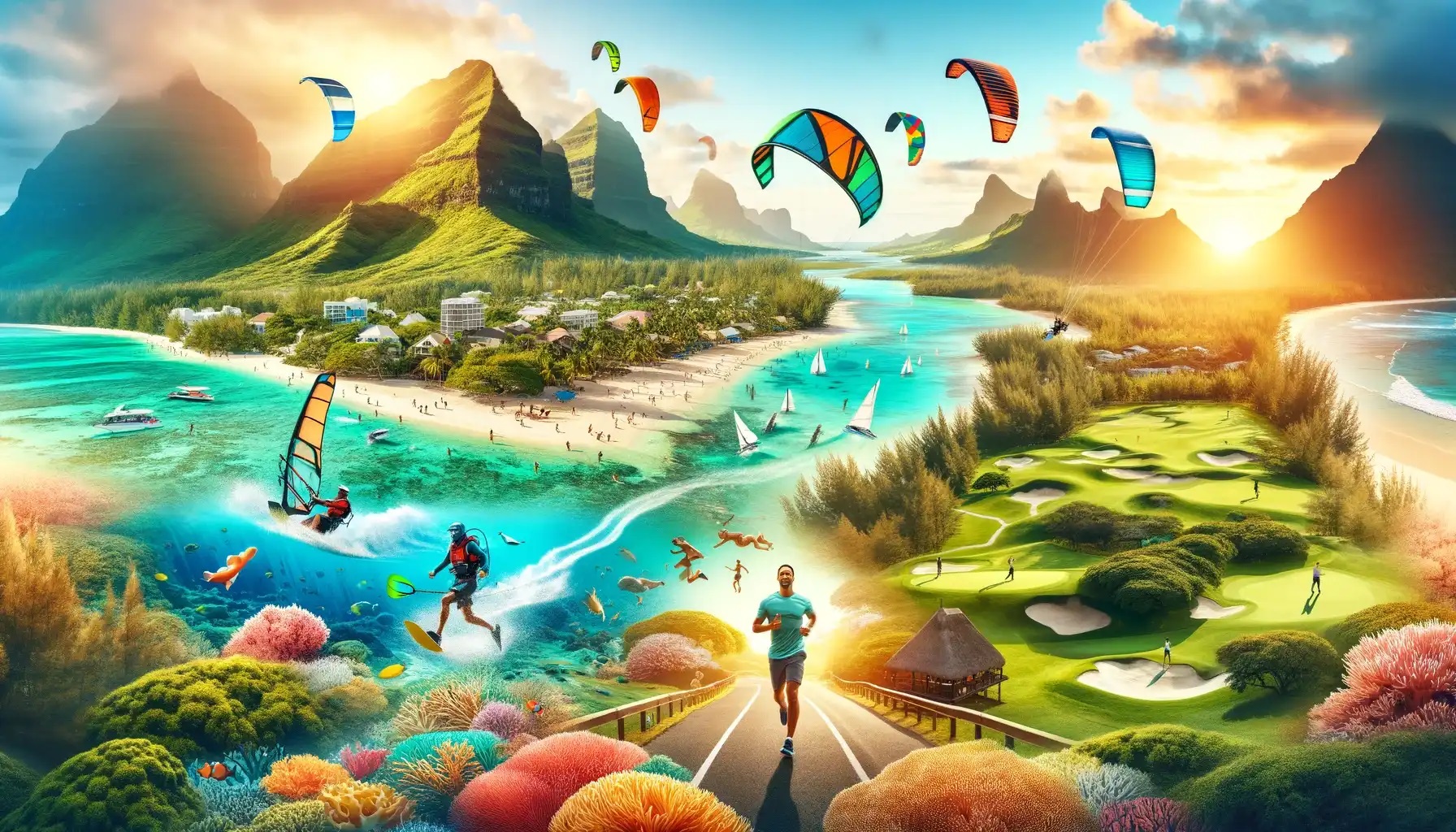 Montage d'illustration réunissant les sports nautiques pratiqués à l'île Maurice