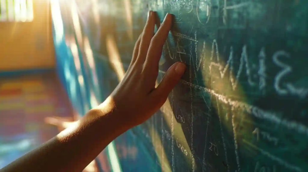 Main d'une élève posée sur un tableau noir couvert de formules, lumière du matin dans la classe