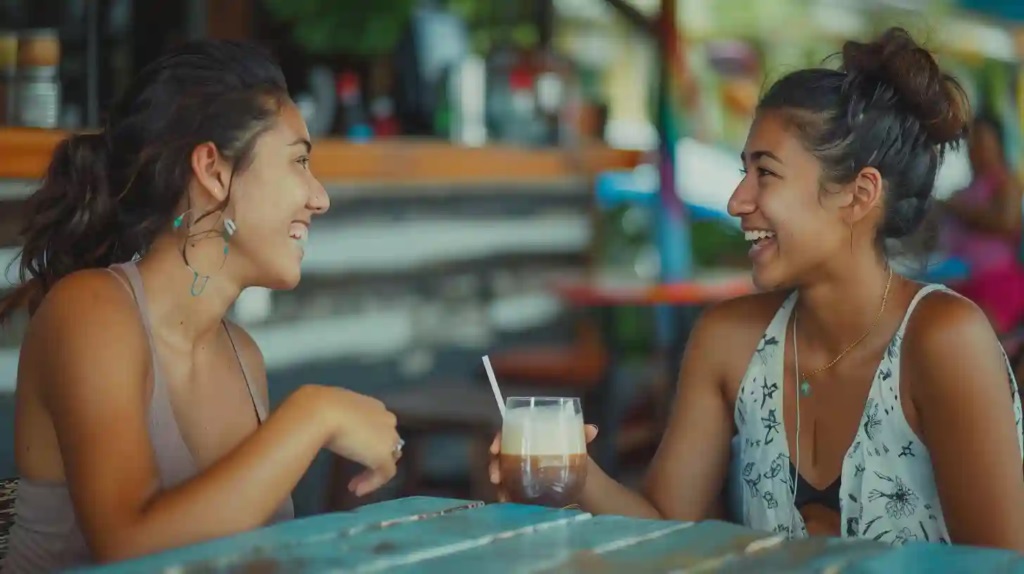 Deux femmes discutant à la terrasse d'un café à l'île Maurice