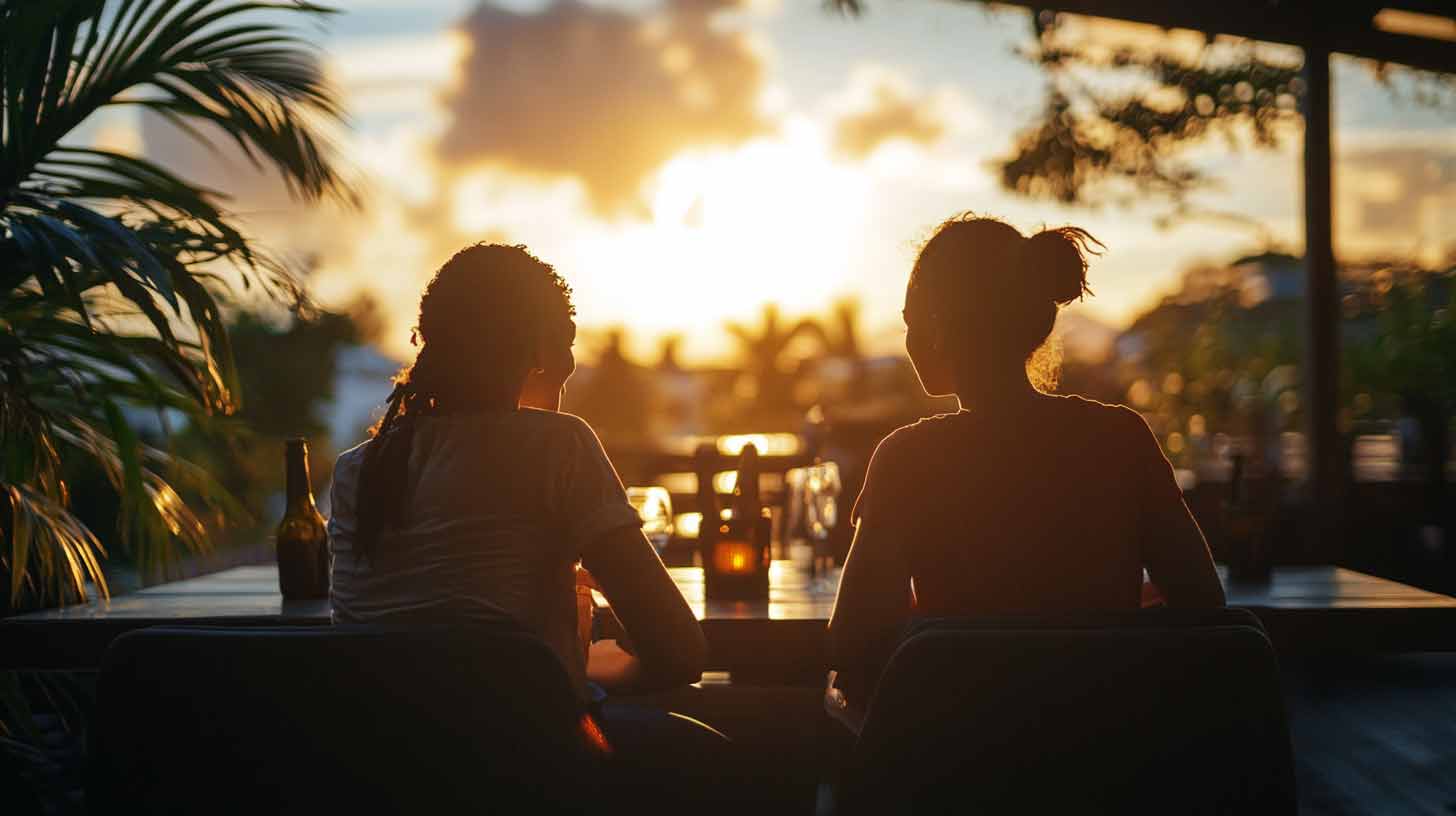 Deux personnes attablées à une terrasse en fin de journée à l'île Maurice