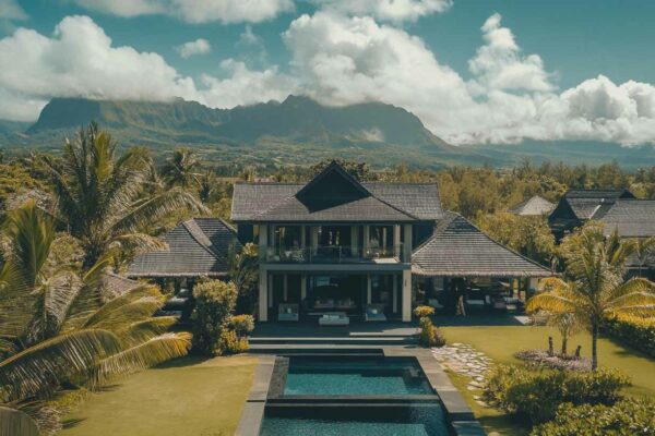 Villa de plain-pied entourée de palmiers, chaîne de montagnes en arrière-plan, typique des locations longue durée à l'île Maurice