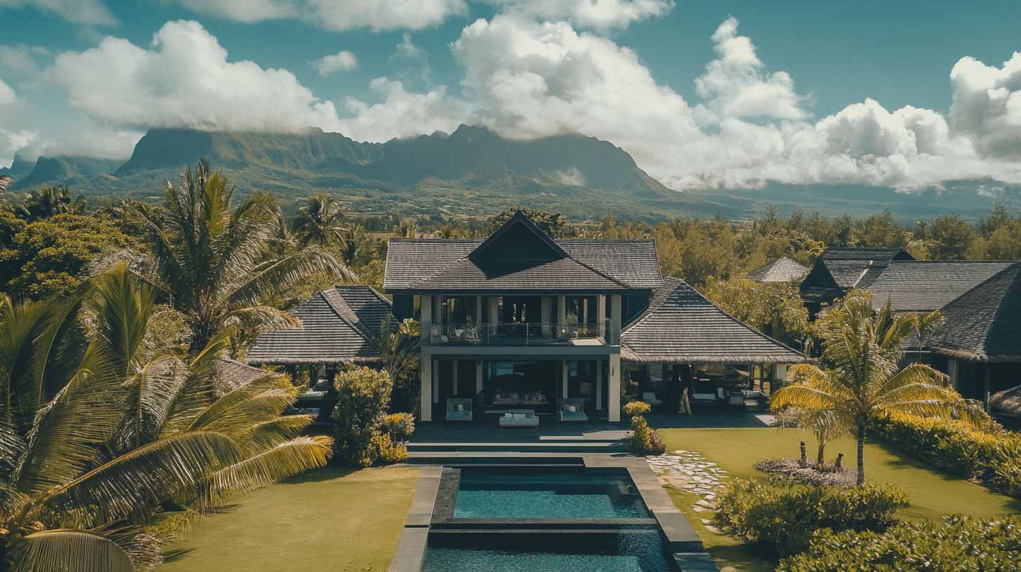 Villa de plain-pied entourée de palmiers, chaîne de montagnes en arrière-plan, typique des locations longue durée à l'île Maurice