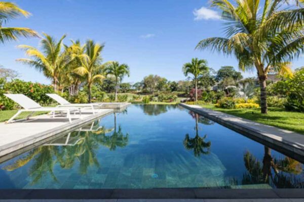 Longue piscine à débordement bordée de palmiers dans un jardin tropical à l'île Maurice, sous un ciel bleu.