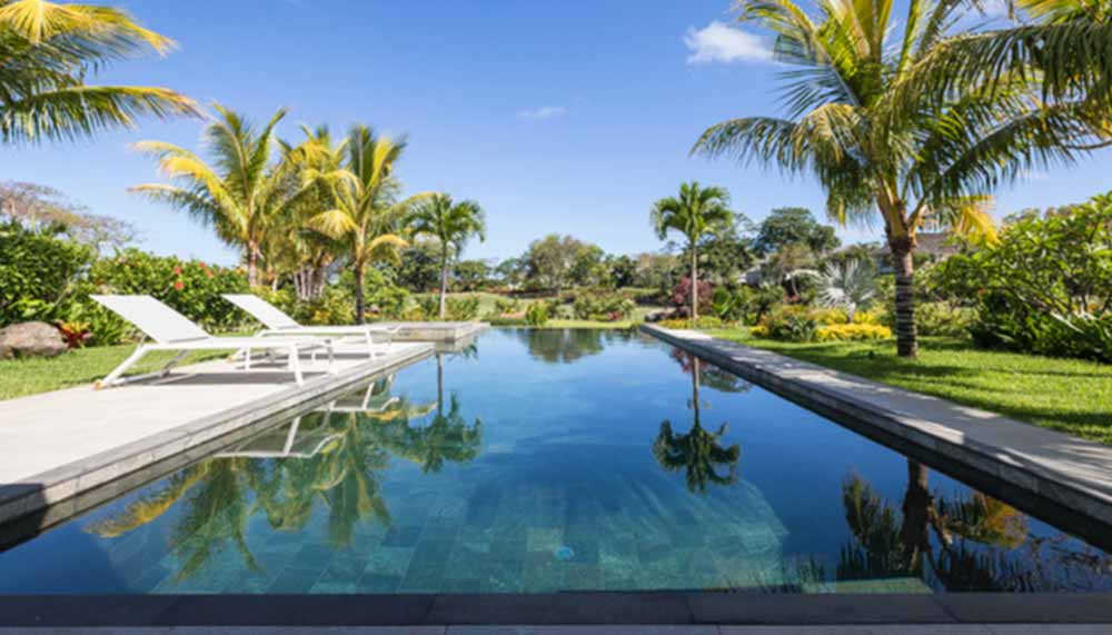 Longue piscine à débordement bordée de palmiers dans un jardin tropical à l'île Maurice, sous un ciel bleu.