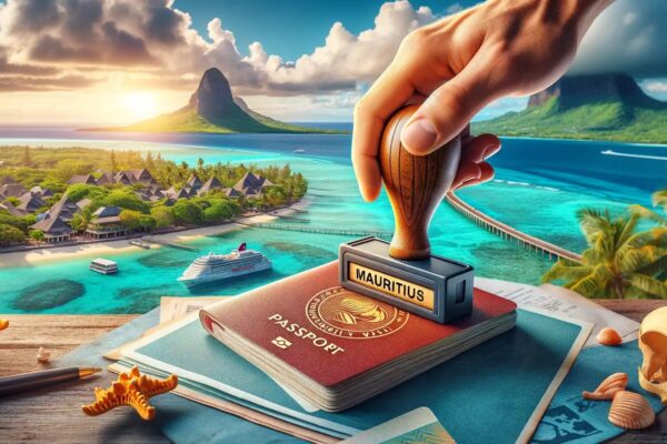 Passeport tamponné à l'arrivée à l'île Maurice, lagon et montagnes en arrière-plan