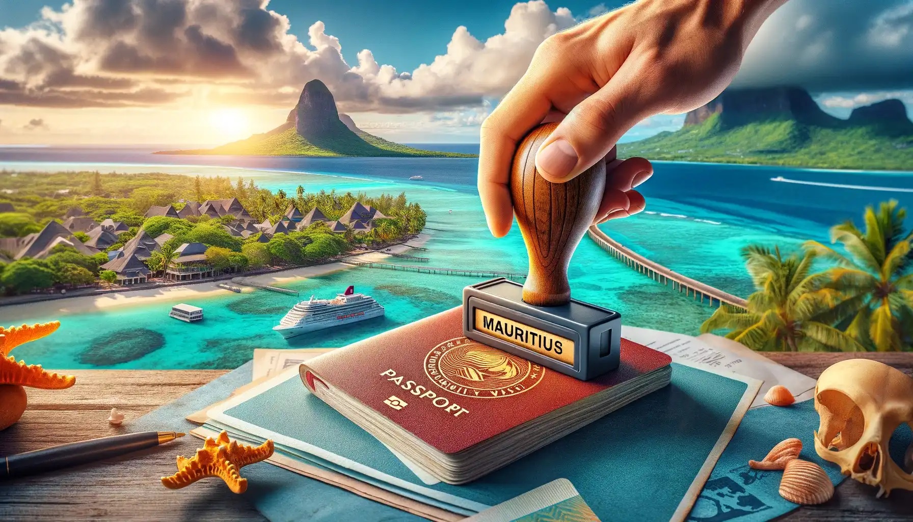 Passeport tamponné à l'arrivée à l'île Maurice, lagon et montagnes en arrière-plan